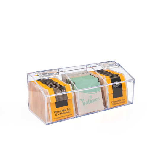 Caja de té de acrílico transparente con 3 compartimentos