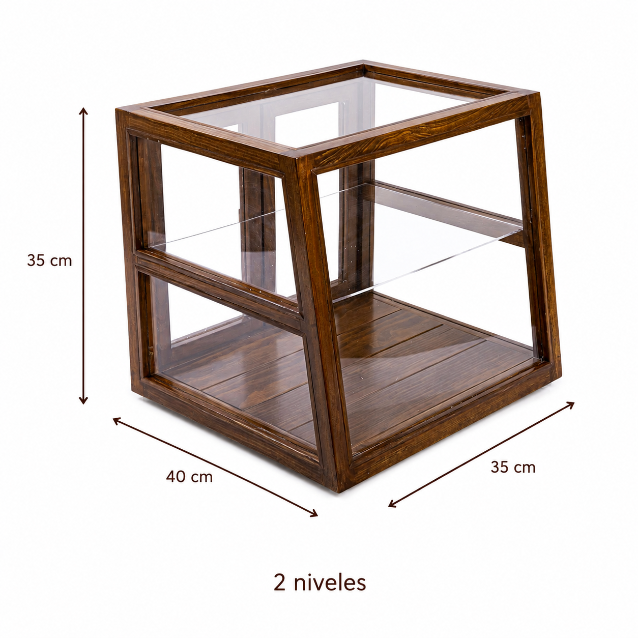 Medidas de panera de madera y acrílico: 40 x 35 x 35 cm, 2 niveles