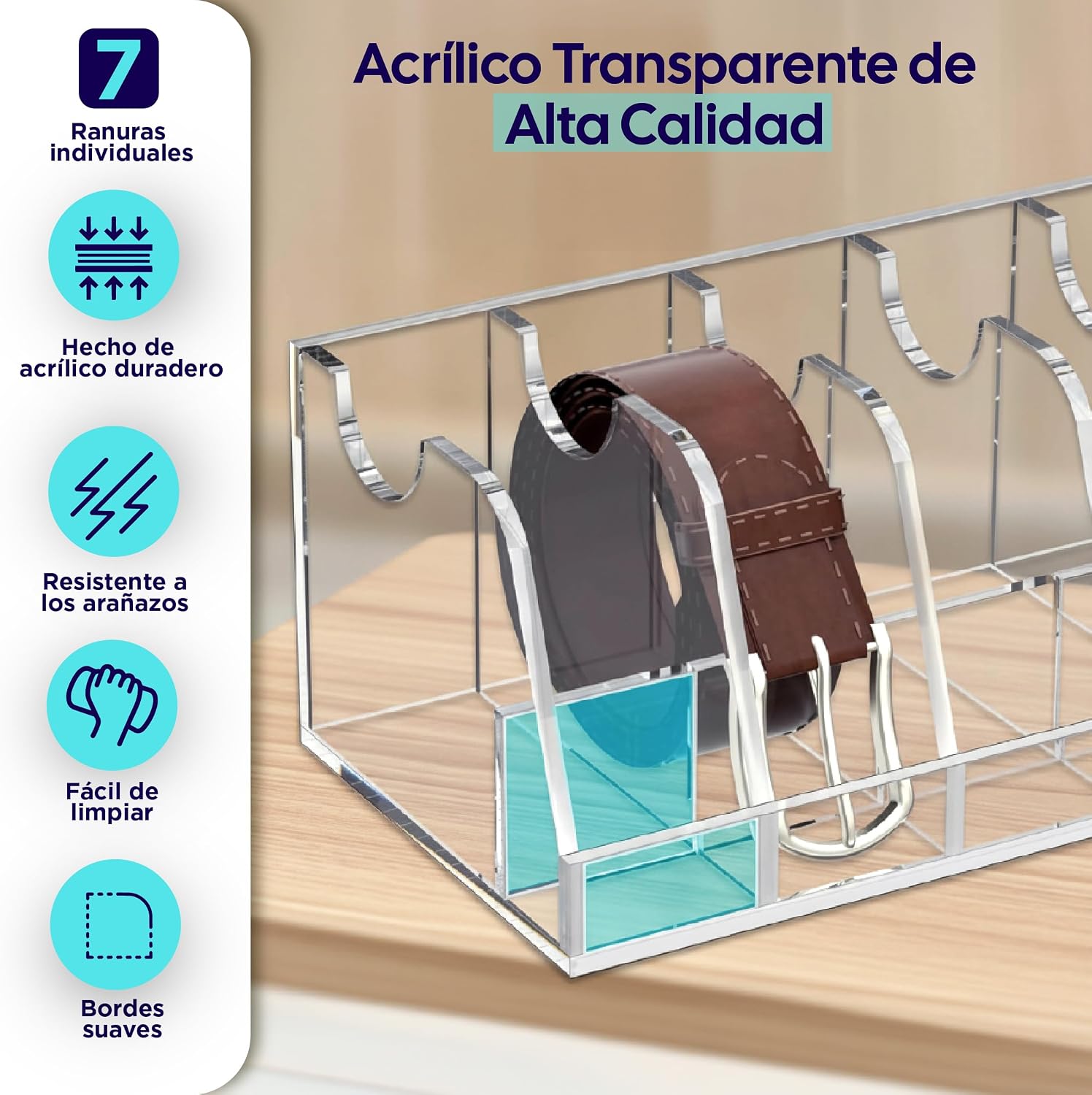 Organizador de cinturones de acrílico con siete ranuras